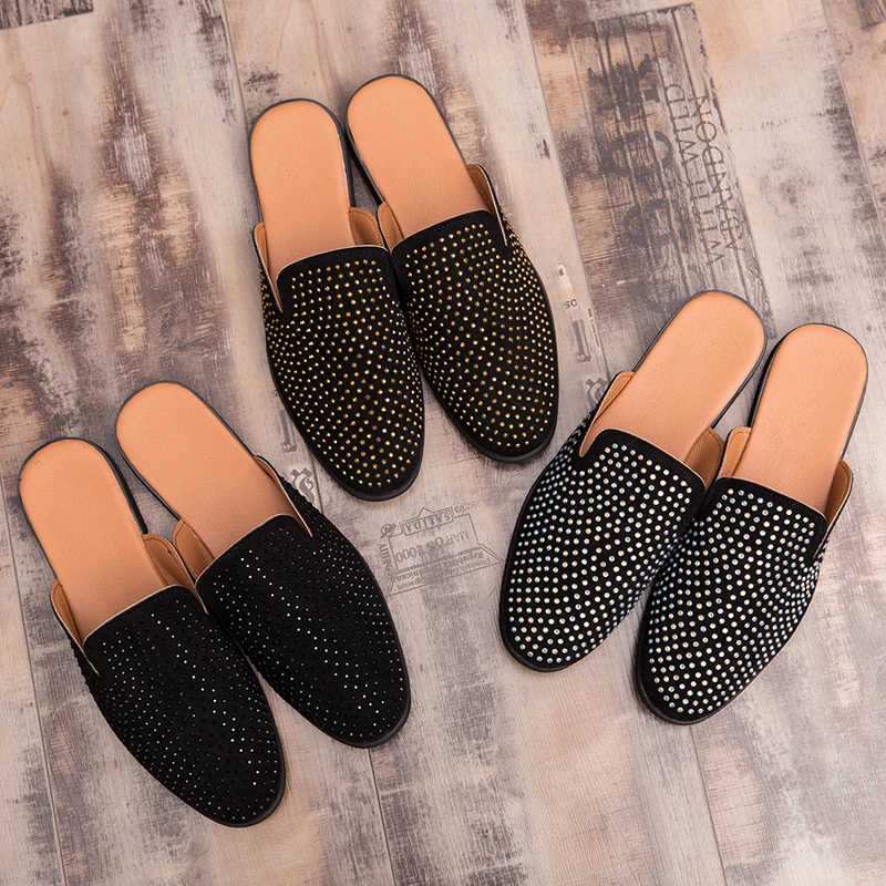 Лоферы ручной работы модные мужские тапочки с блестящими заклепками черные шипы