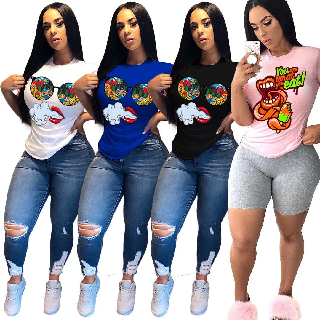 

European and American Women's Explosion Style Home Cartoon Print Casual Short Top T-shirtWomen's cartoon printed casual top