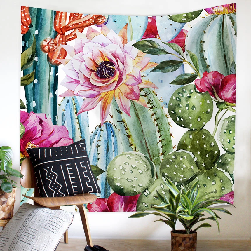 

Cactus Flower Tapestry Bedroom Living Room Restaurant Wall Hanging Tapestry Green Prickly Plant Background Decorative Cloth