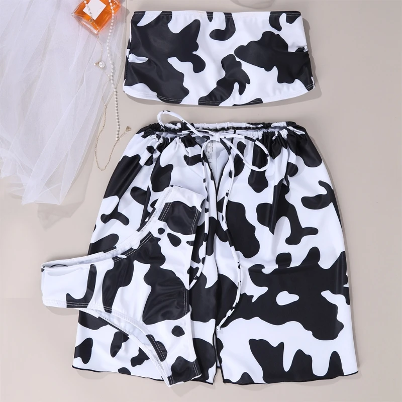 

Женский сексуальный комплект бикини из 3 предметов с коровьим принтом, без бретелек, пуш-ап топ, стринги, бразильский купальник с пляжной юбк...