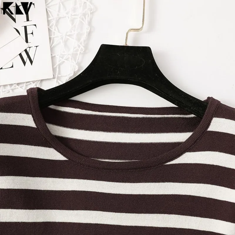 Женский Осенний вязаный свитер KLV с длинным рукавом и круглым вырезом полосатый