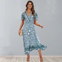 plus size dresses summer clothes for women the new vintage with floral pattern beach midi elegant green blue boho v neck tunics