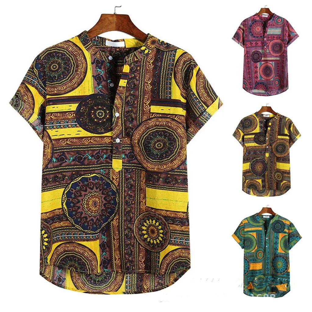 Гавайская Мужская рубашка с коротким рукавом винтажный принт воротник-стойка