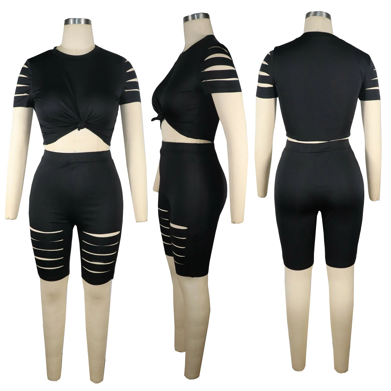

Causal 2 Pieces Sports Outfit Womens Tracksuit Cut Out Solid Top and Short Pants Two Piece Workout Sexy Legging Biker Shorts Set