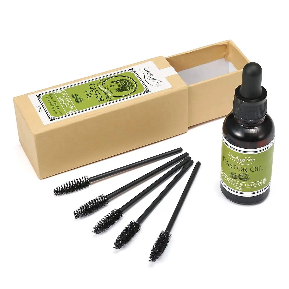 

30ml 100% Pure Organic Castor Oil Vitamin E Eyebrows Growth Cold-Pressed Natural Eyelash Hexane-freel with 5 Mascara Brushes
