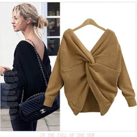 women loose knitted pullover tops female autumn casual v neck backless solid free size knitting outwear girl fashion sexy jumper