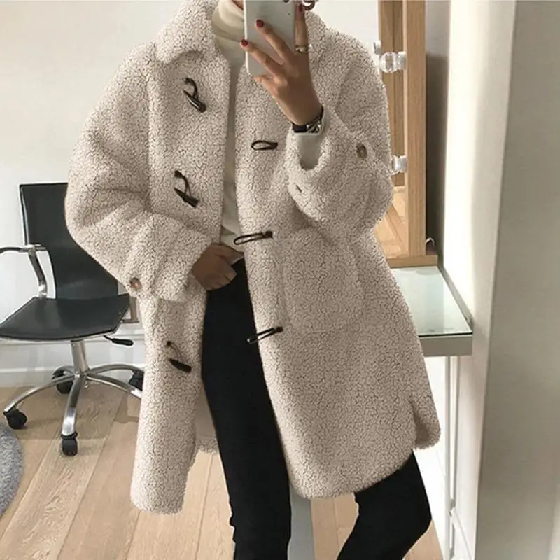 

Korean Chic Lamb Wool Coat Female Winter New Style Retro Horn Buckle Warm 2021 Mid-length Cotton Coat
