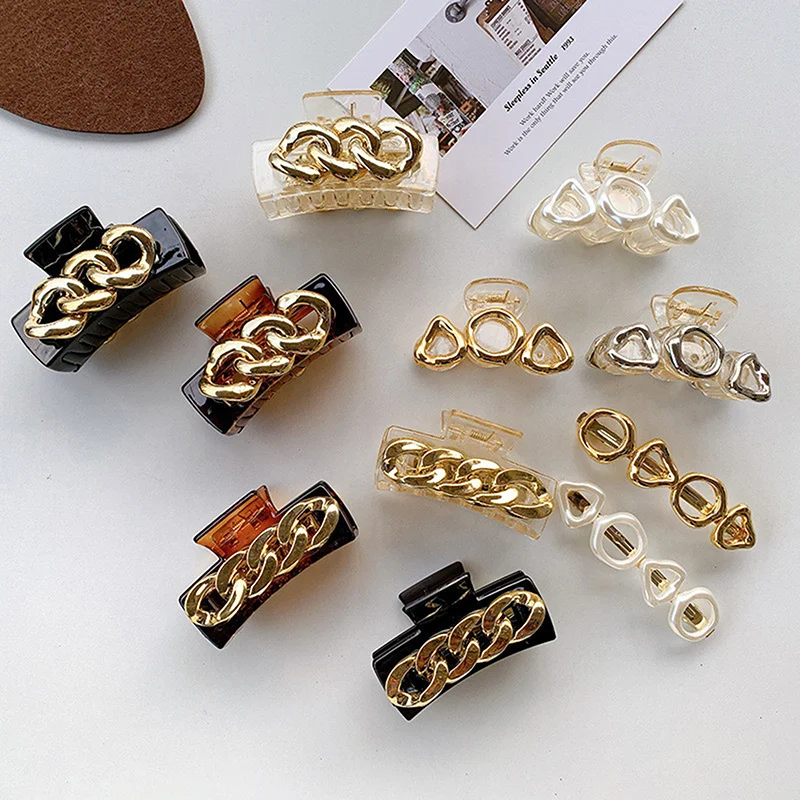 

Chain Hair Claws Elegant Acrylic Hairpins Barrette Crab Hair Clip Headwear Pearl Geometry Gripper