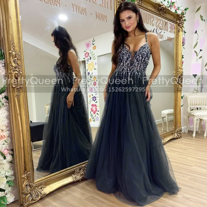 

Shiny Sequins Beads A Line Formal Evening Dresses Black Tulle Spaghetti Straps Aso Ebi Women Long Prom Dress Party Gown