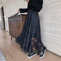 2022 spring elastic high waist lace skirts women fall winter korean elegant casual a line black long skirt female fashion