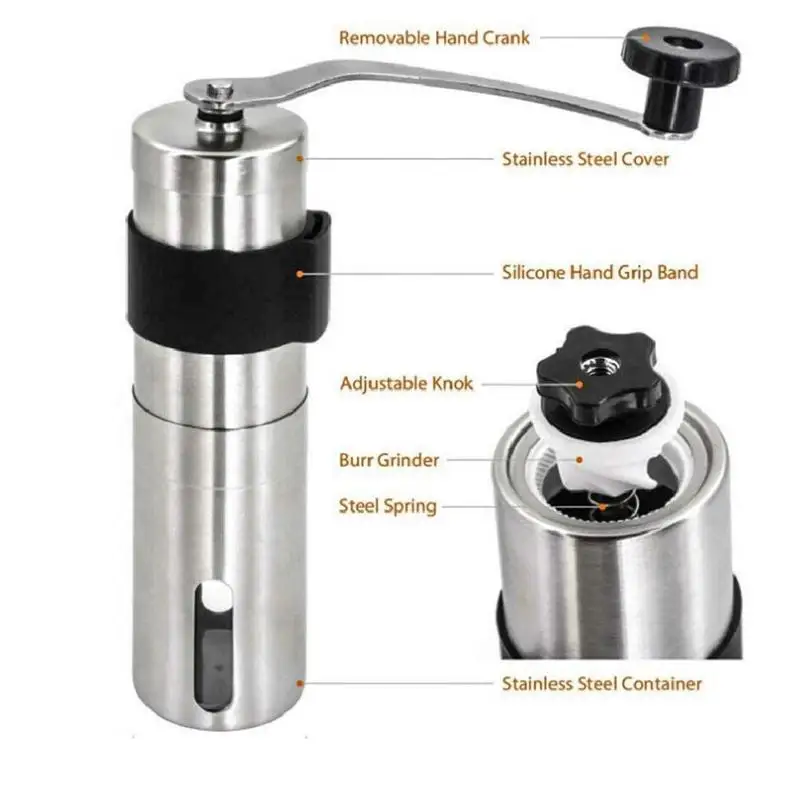 

Silver Coffee Grinder Mini Steel Hand Manual Handmade Mill Grinders Tool Kitchen Coffee Burr Bean Grinders K2P6