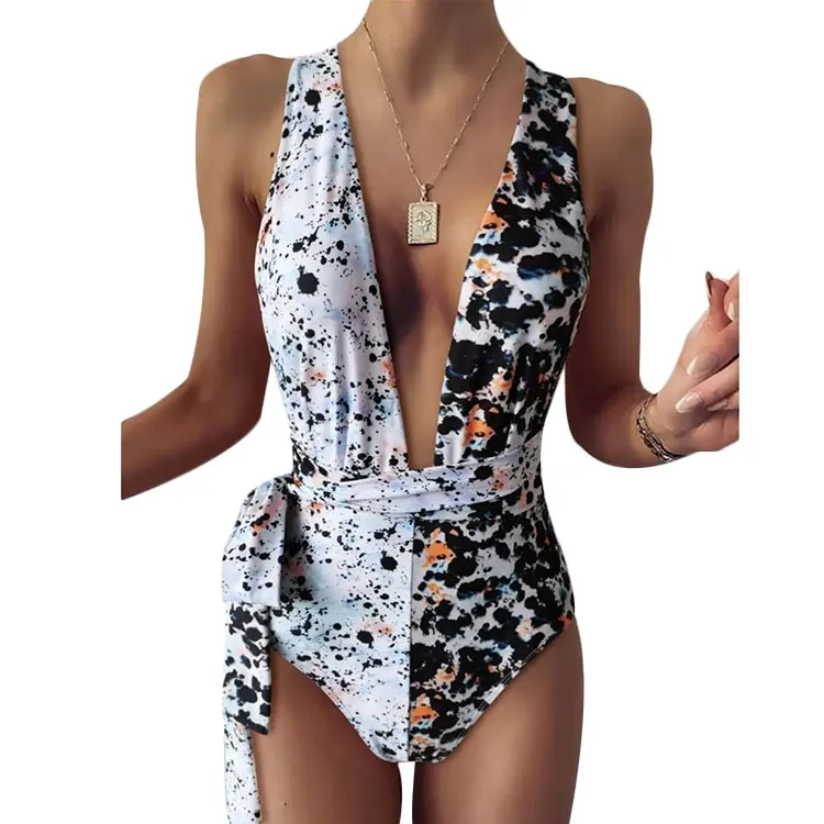 

Women\u2019s Sexy One-piece Sleeveless Bikini Personality Leopard Stitching Bandage Slim Fit Swimsuit