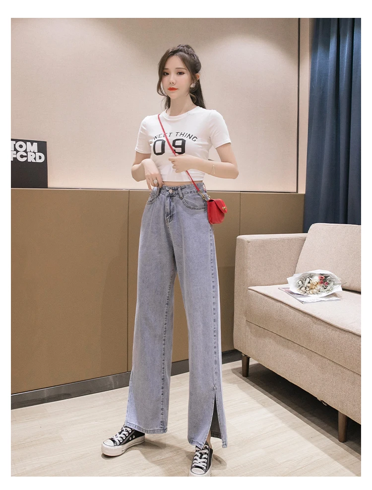 

Stretch Woman Jeans 2021 New Fashionale High Waist Denim Loose Trousers Flared Pants Women Split Fork Jeans
