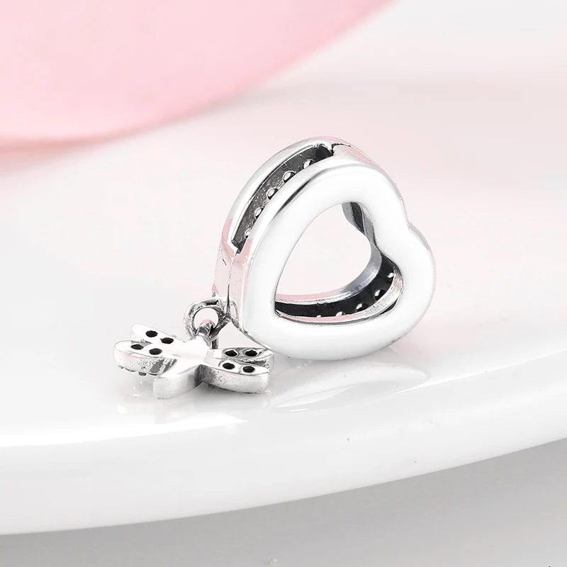 Настоящее модное серебро 925 пробы полое сердце с стрекозой прозрачный CZ зажим