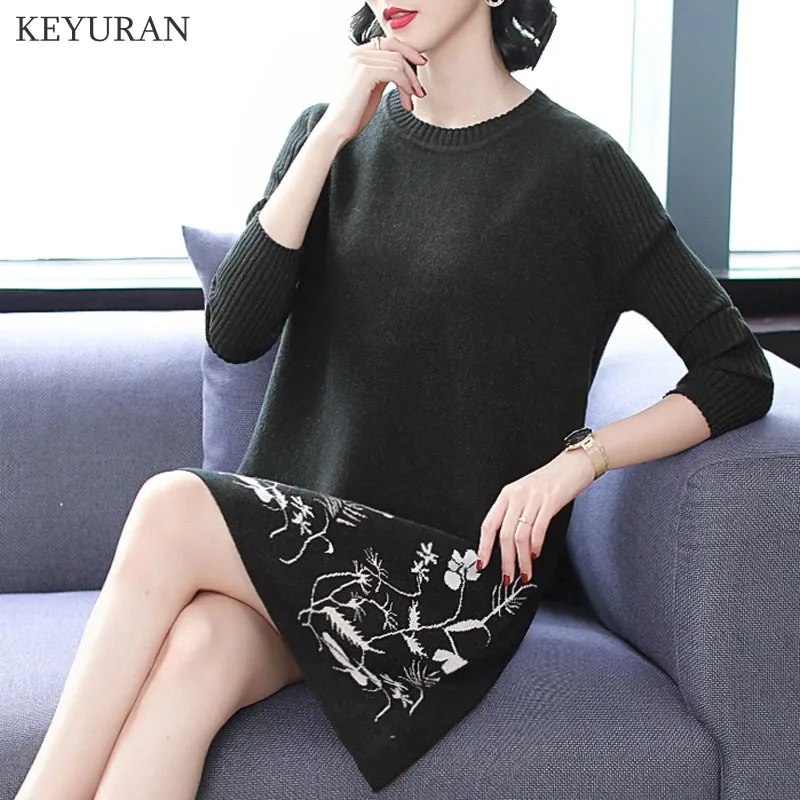 Цветочный жаккардовый свитер платье 2019 женская мода Осень-зима ВЯЗАННЫЙ ПУЛОВЕР