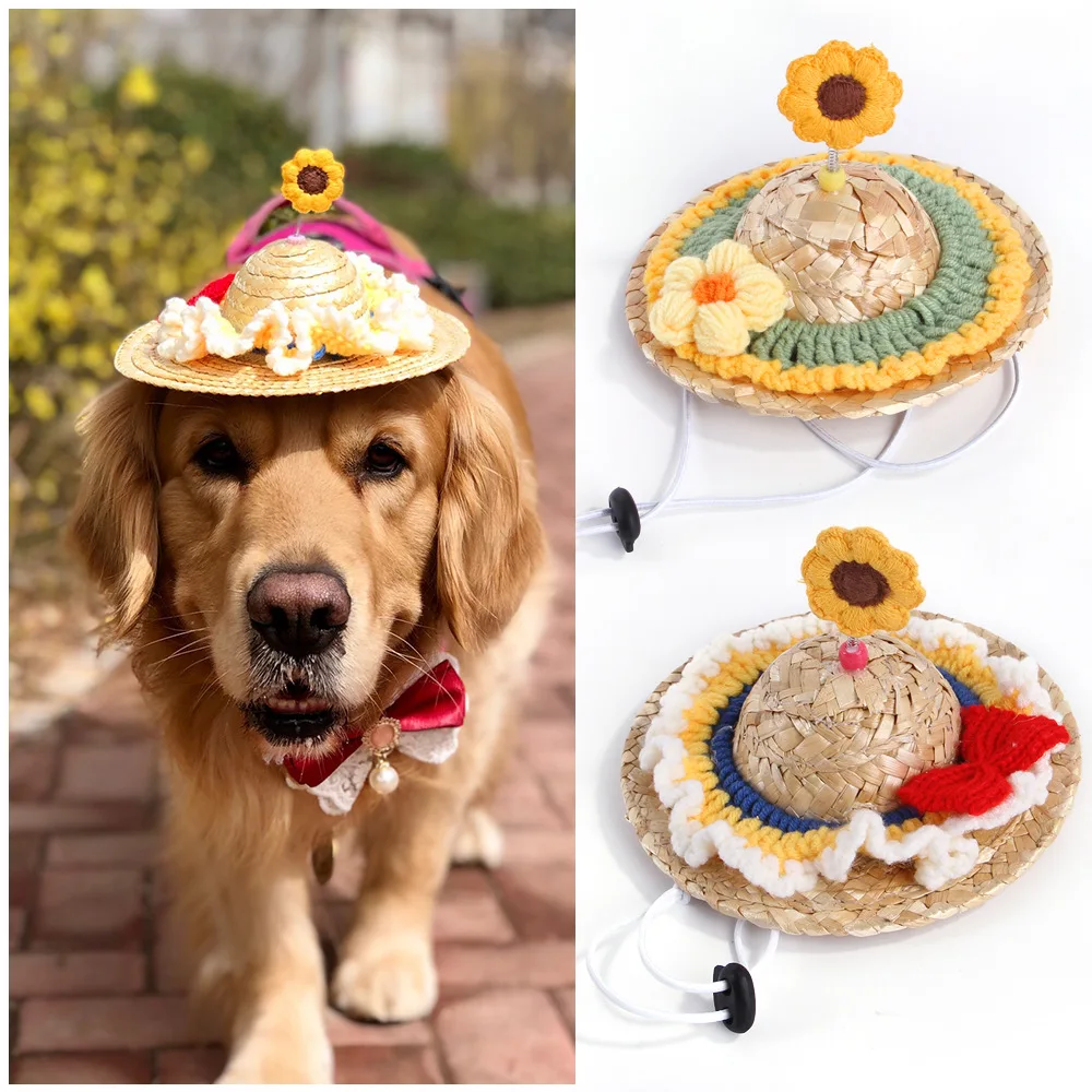 

Dog Cat Straw Hat Pet Sunflower Straw Woven hats for cats Sun Hat Pet Straw Hat With Adjustable Chin Strap Pet Puppy Cat Party