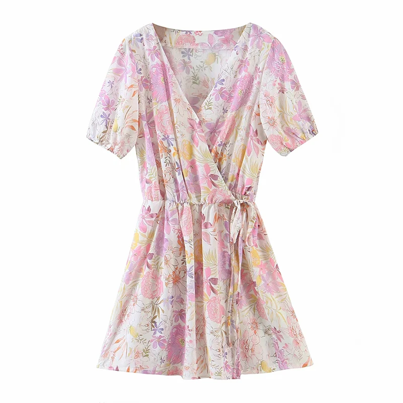 Mini robe en mousseline de soie, imprimé Floral, taille haute, manches courtes, plage, Vintage, TRF