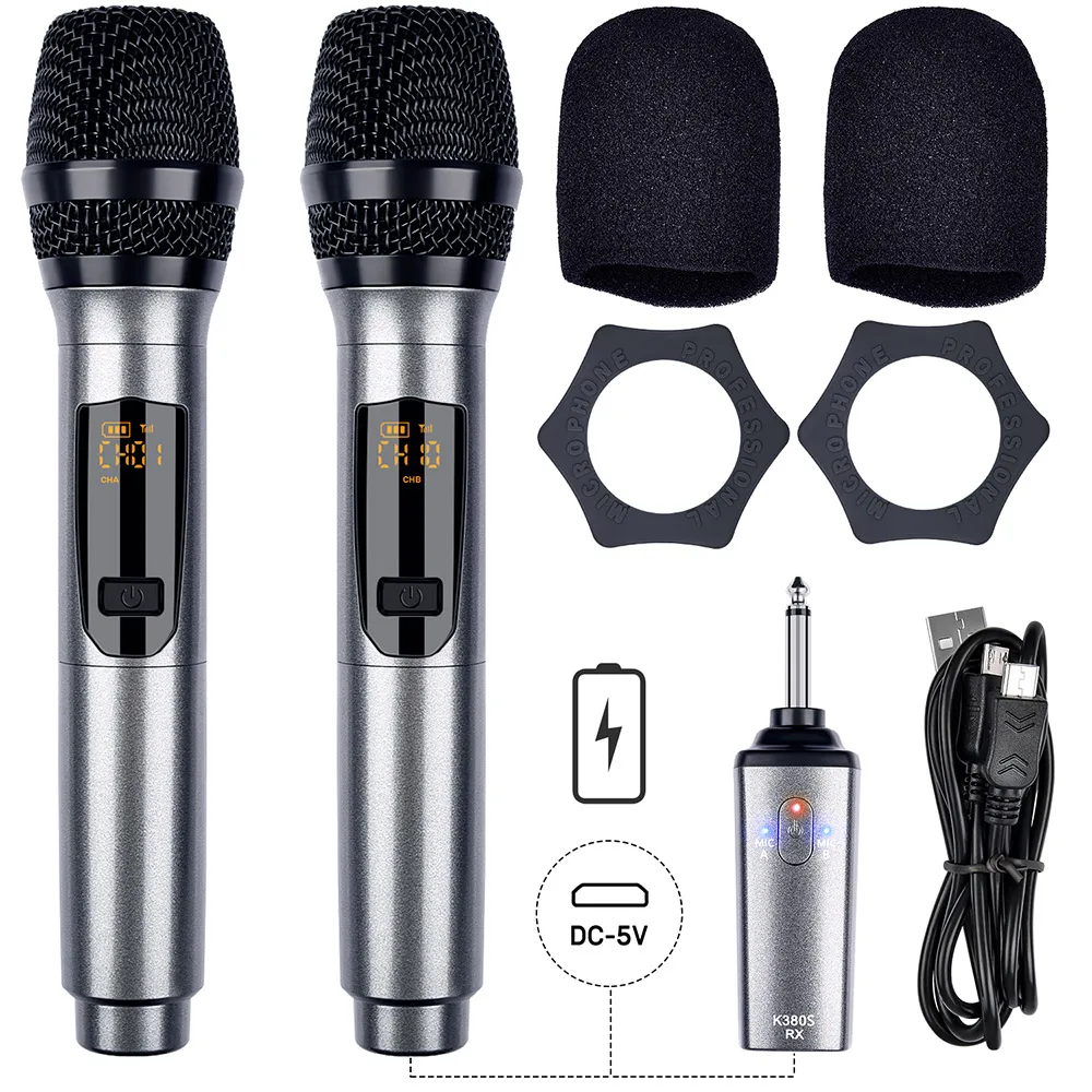 

Professional Handheld Mic Wireless K380S UHF Handheld Wireless Microphone Mic 2 Mic & 1 Receiver For Family KTV Show Meeting