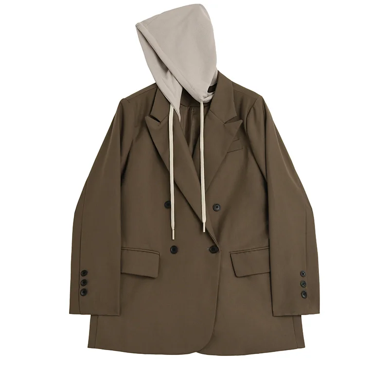 

Женский двубортный Блейзер оверсайз цвета хаки, элегантная новая свободная куртка с капюшоном и длинным рукавом, весна-осень 2021