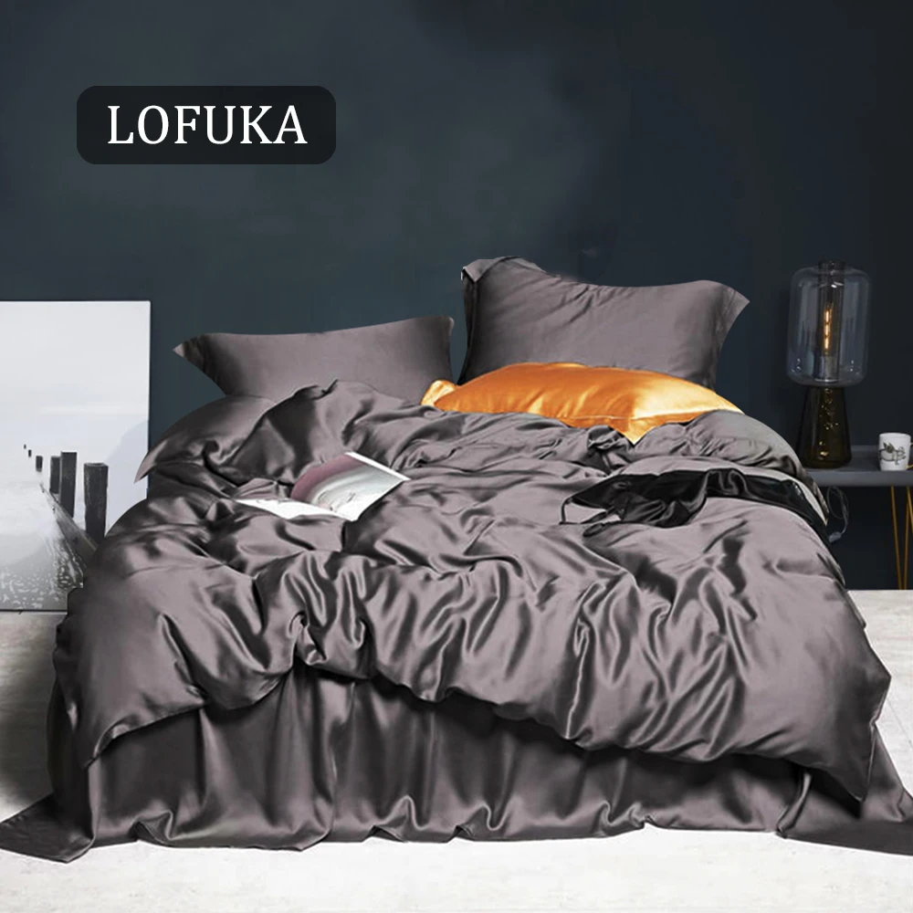 

Lofuka Luxury 100% Silk Dark Gray Bedding Set Beauty Duvet Cover Queen King Flat Sheet Bed Linen Pillowcase For Sleep Bed Set