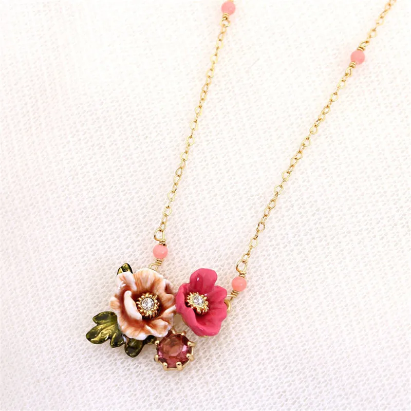 

European and American Fashion Winter Garden Series Two-color Enamel Flower Necklace Choker Short Clavicle Chain Necklace Female