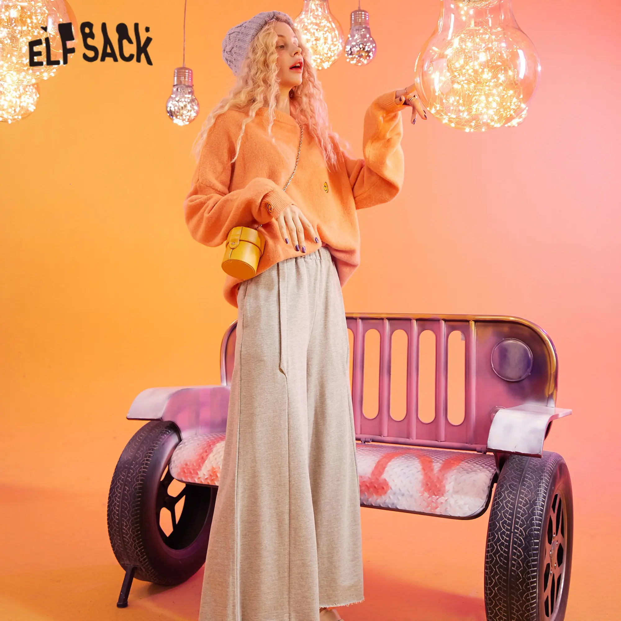 ELFSACK серые одноцветные с эластичной талией свободные повседневные для женщин