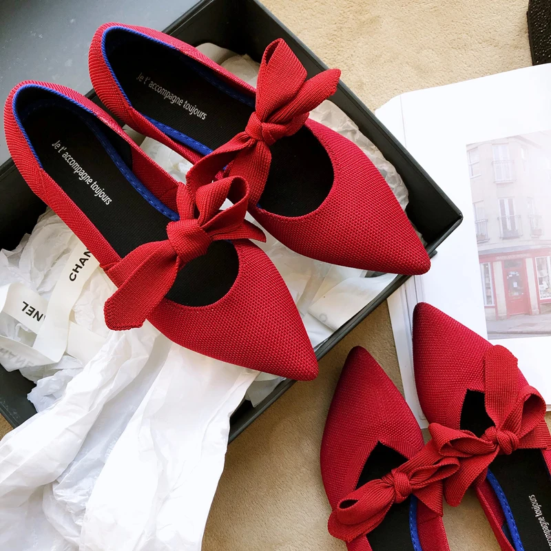 2021 Summer Pumps Women's Flat Shoes Ballet Shoes Breathable Knitted Zapatos De Pointed Bow Mary Jane Women's Shoes Boat Shoes