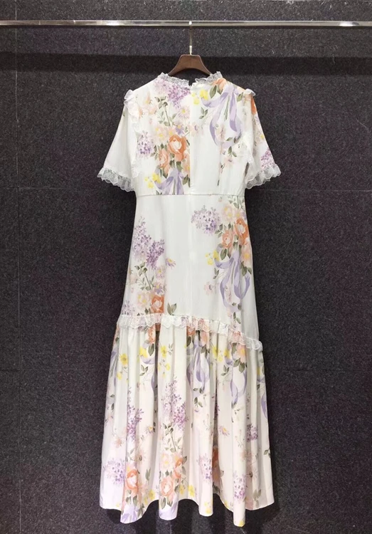 

2021 early spring new fashion women's V-neck lace border printing color matching short-sleeved long dress 1007