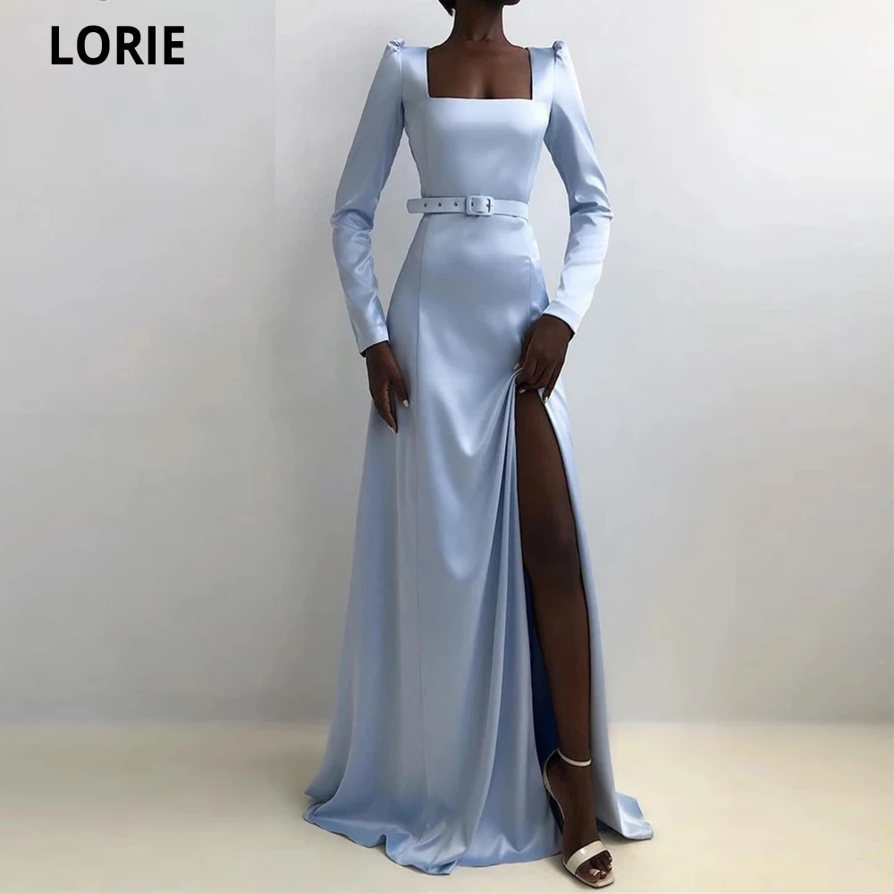 

Elegant Sky Blue A Line Long Split Formal Evening Dresses Sleeves Square Neck Party Gowns Prom Gowns Sashes Vestidos De Noche
