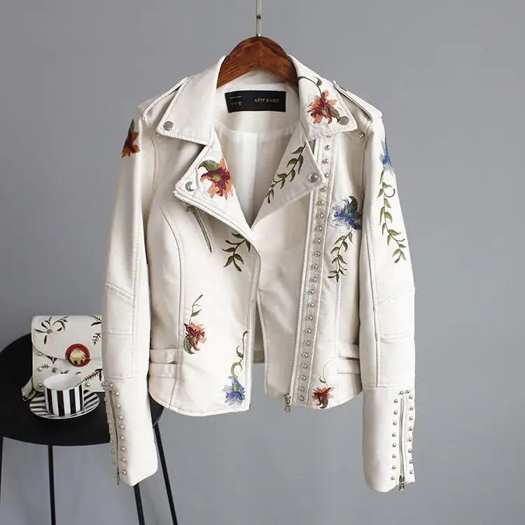 Women Floral Print Embroidery Faux Soft Leather Jacket Coat Turn-down Collar Casual Pu Motorcycle Black Punk Outerwear enlarge