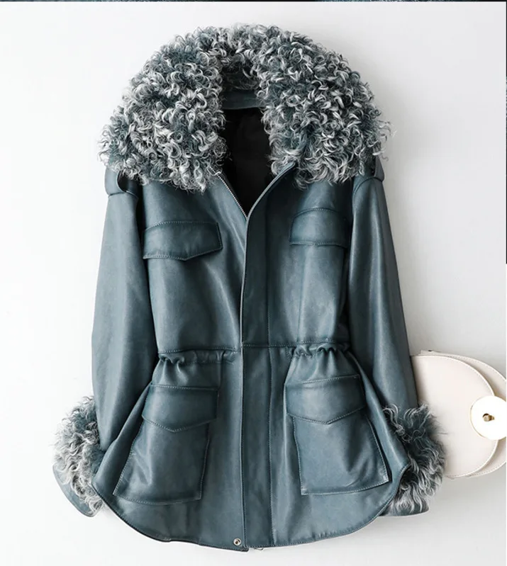 Женский пуховик из натуральной овечьей кожи с шерстяным воротником KQN62026 Осень