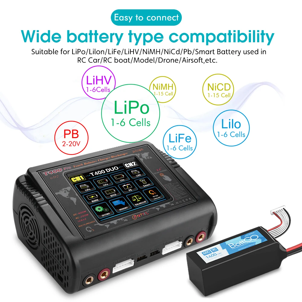 HTRC T400/T240 DUO RC зарядное устройство DC 400 Вт/240 Вт Dis для LiPo LiHV LiFe Lilon NiCd NiMh Pb