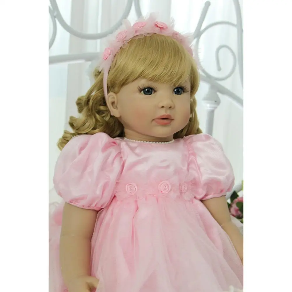 

Beautiful Simulation Baby Doll Golden Curly Girl Wearing Pink Princess Dress Doll