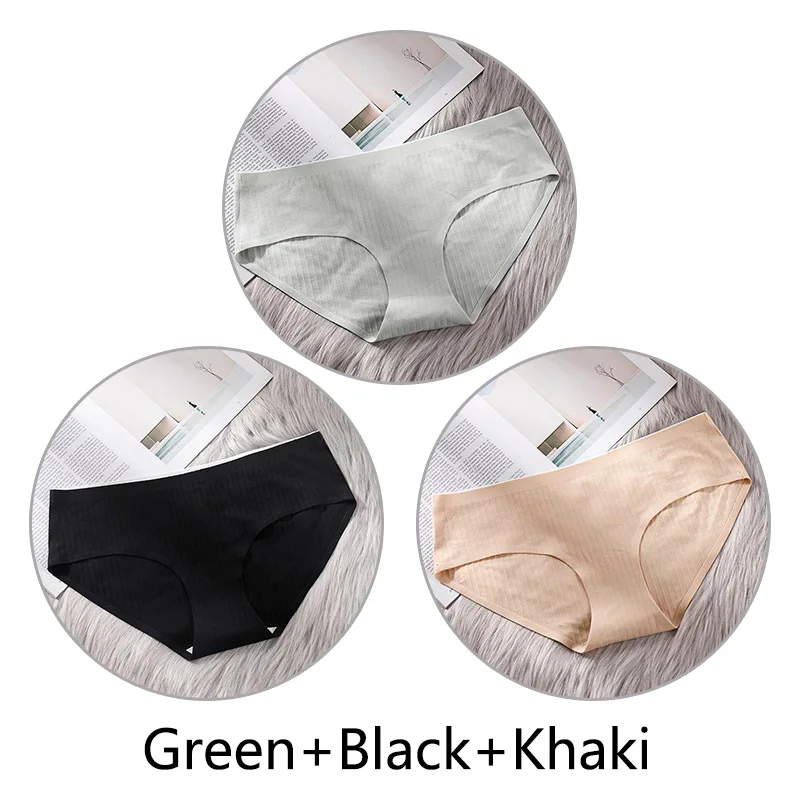 Green Black Khaki 3 шт. сверхтонкое, бесшовное нижнее белье из хлопка, Для женщин нижнее белье, мягкие трусики с большими чашечками для Размеры 4XL белье соты с заниженным шаговым швом ткань нижнее бельё - Цвет: Green Black Khaki