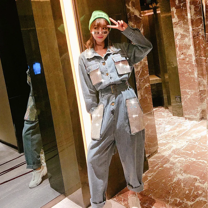 

XUXI 2019 Spring New Rhinestone Pocket Lapel Old Denim Jumpsuit Female Loose High Waist Casual Pants FZ0286