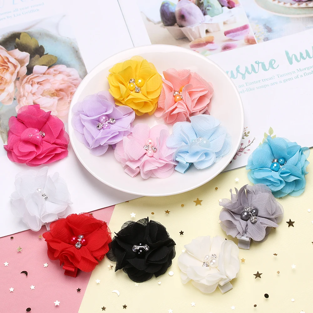 Baby girl Pearl Rhinestone Flowers Clips Girls Chiffon Fabric Hair Accessories Lovely Handmade Children's Gift Headwear | Детская