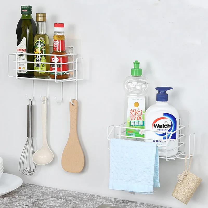 

Kitchen Sponge Drain Basket Spice Bottles Storage Rack Wall Mounted Bathroom Holder Shelf Hanging Organizer Rag Hanger Hook