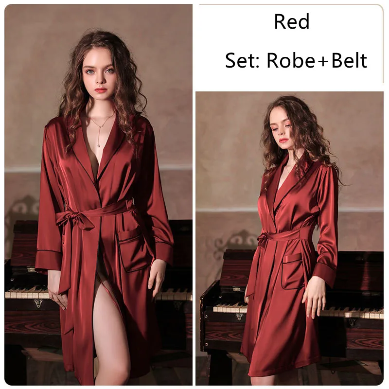 

Sexy Silk Dressing Gown Bathrobe Set Sleep Robe With Belt Solid Fabric High Quality Luxury Lingerie Sleepwear Bride&Bridemaid