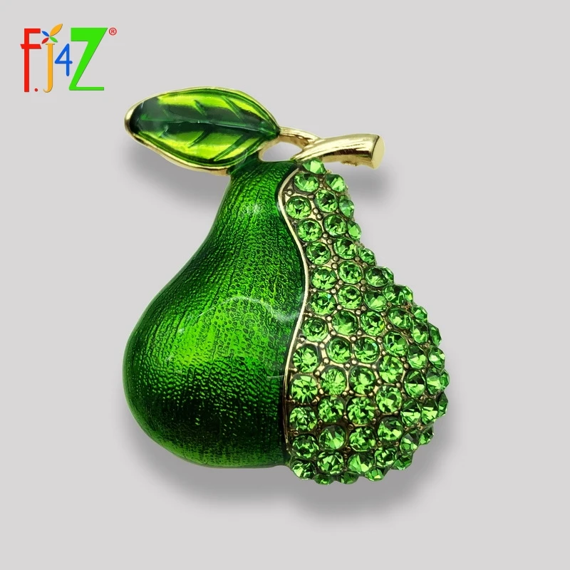 

F.J4Z New Fashion Plant Brooches Green Enamel Pear Shinning Rhinestone Costume Pins for Women Gift Jewelry Accessories Bijoux