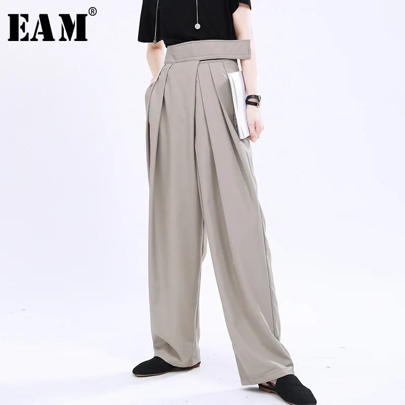 Женские свободные брюки [EAM] черные плиссированные длинные широкие с завышенной
