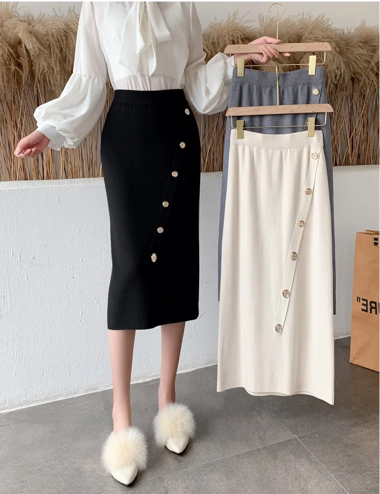 

New solid color winter women's mid length temperament split skirt high waist slimming knitted single breasted button ladies skir
