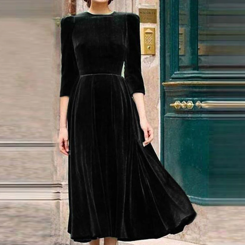 Винтажное бархатное Макси платье для женщин 2020 весна осень рукав три четверти