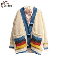 cotday lazy sweater women 2021 new loose knitted spring female top outerwear striped colorful halter smooth cardigan sweater