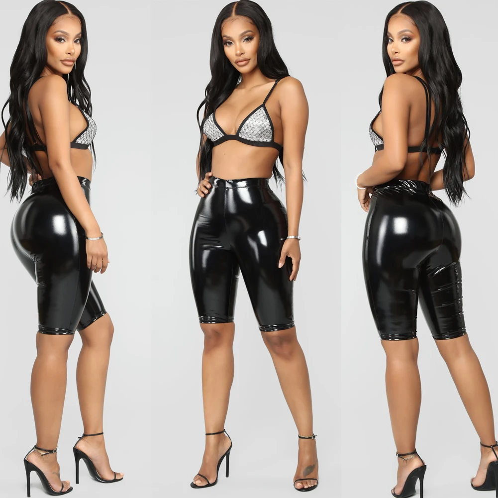 Хит продаж женские пикантные блестящие капри из искусственной кожи брюки-Капри