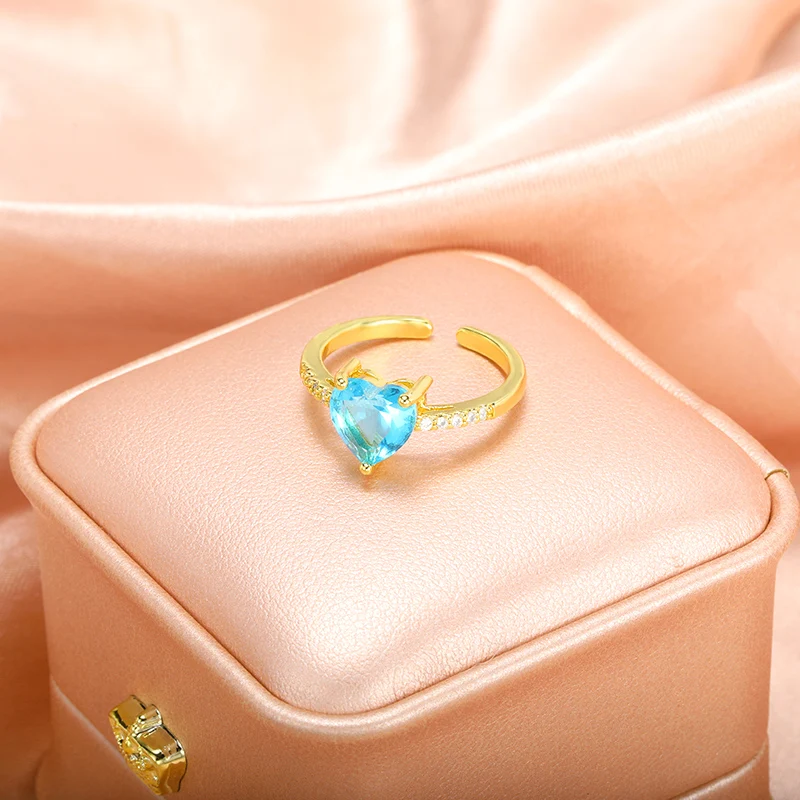 

Bule Heart Rings For Women Girl Stainless Steel Gold Zircon Crystal Love Opening Adjustable Ring Wedding Bands Jewelry Gifts