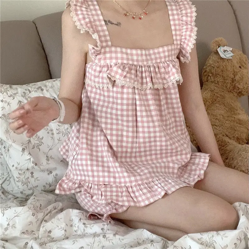 QWEEK Kawaii Plaid Pajamas for Teenager Lace Sleepwear 2 Piece Set Women Summer Suit Pijama Cute Home Clothes Pyjamas Loungwear
