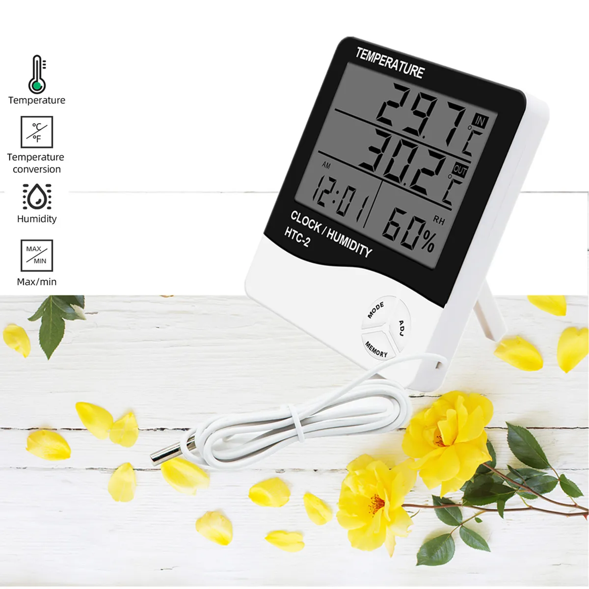 HTC-2 Home Indoor Outdoor Thermometer Hygrometer Digital Temperature Humidity Display Meter Clock Weather Station Probe 40%OFF |