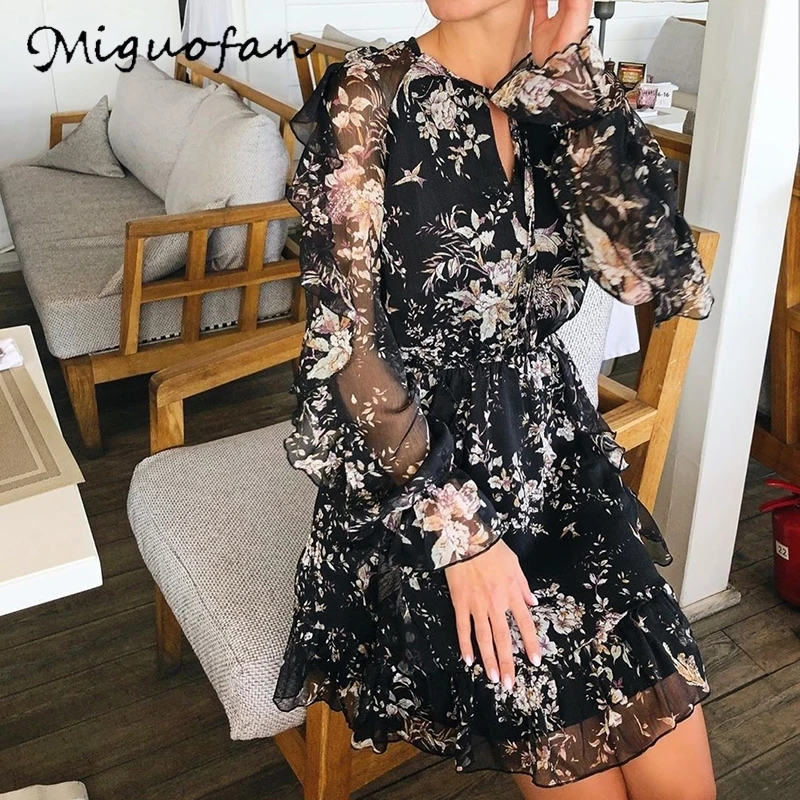 Женское платье с цветочным принтом Miguofan черное Бандажное платье-мини длинными