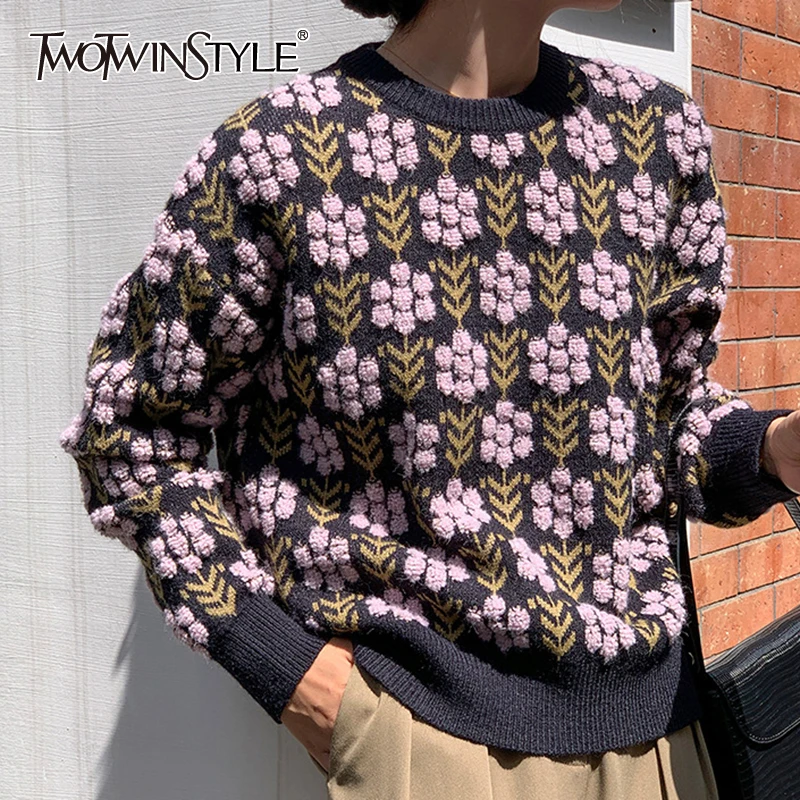 

Женский трикотажный свитер TWOTWIN, повседневный свободный свитер составного кроя с круглым вырезом и длинными рукавами, осень 2021