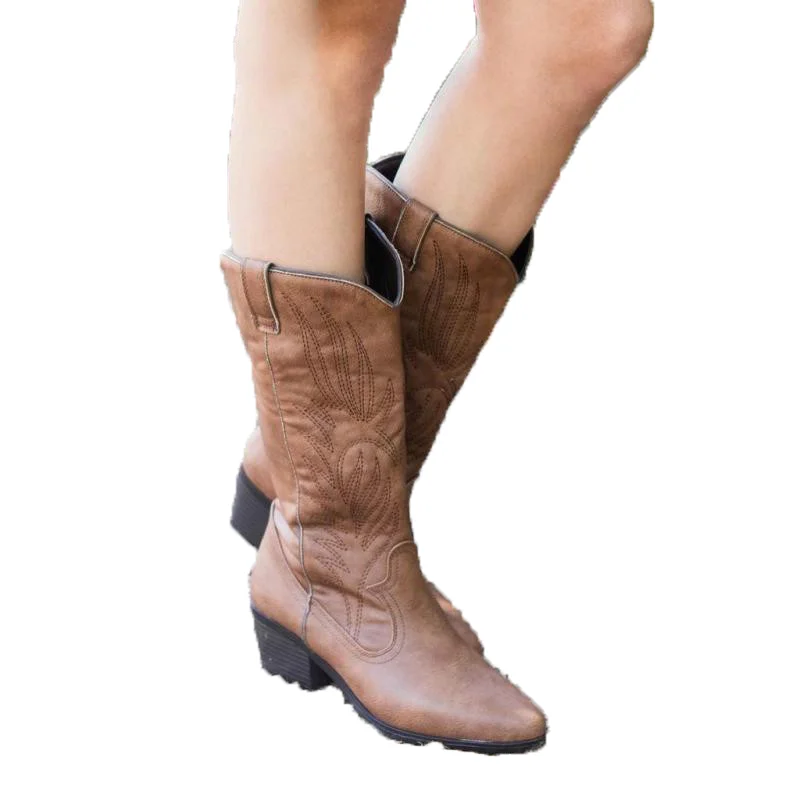 

2021 Women Mid Calf Western Boots Cowboy Pointed Toe Knee High Pull On Ladies Fashion Leather Motorcycle Boots Botas Mujer